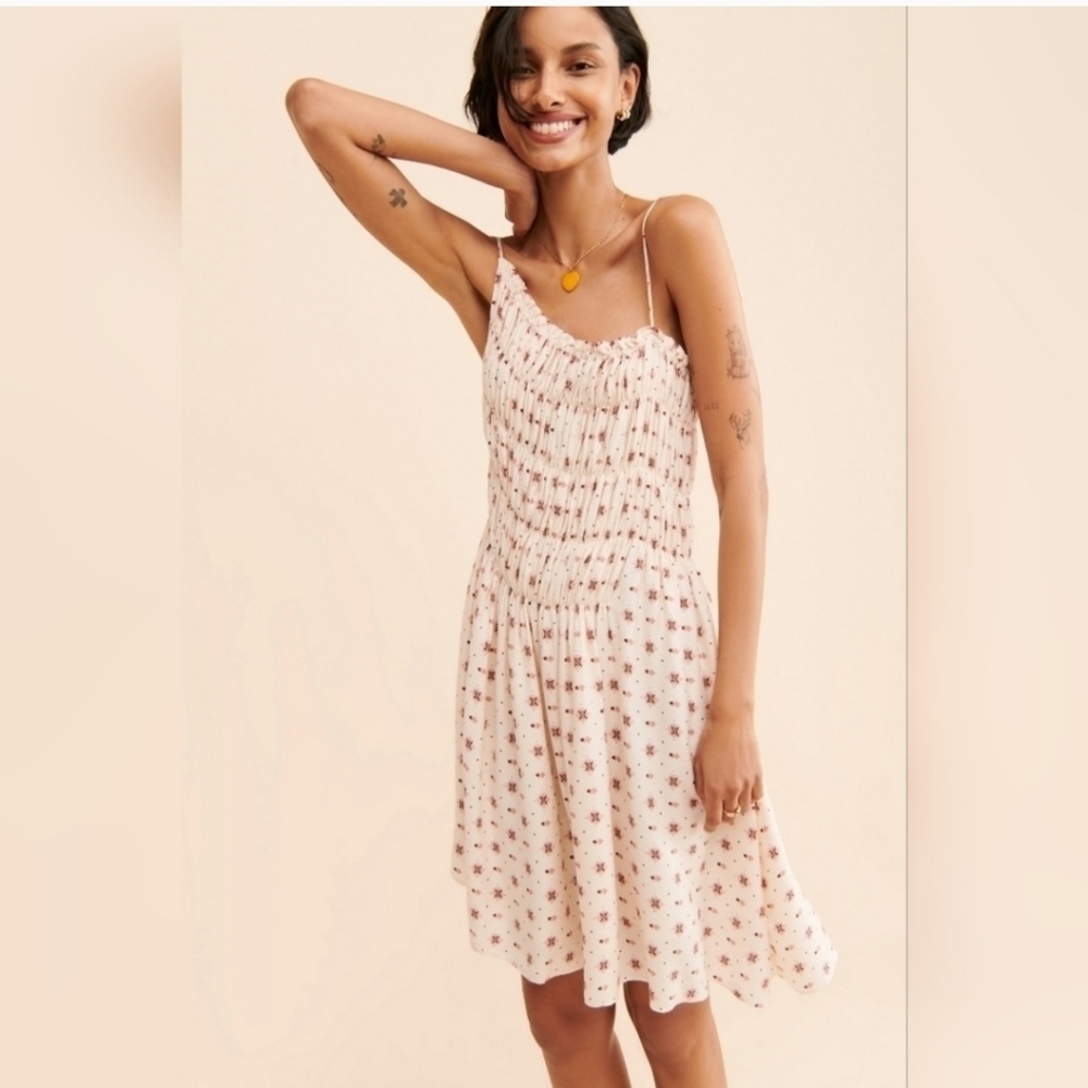 NWOT Free People Clementina Ivory Combo Smocked Bodice Mini Dress Size S